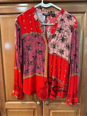 Desigual Red & Pink Floral Patchwork Button-Front Blouse